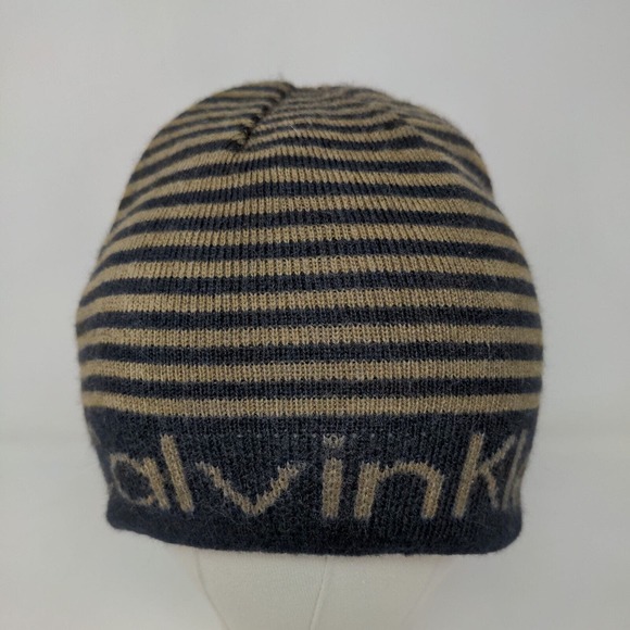 Calvin Klein Men's Beanie Hat Black 100% Acrylic Striped Spell Out - Picture 3 of 13